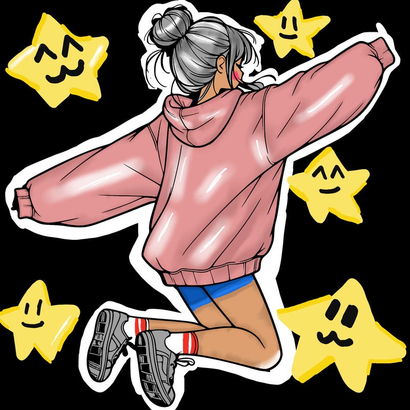 realistic girl jumping with a bun and oversized sweatshirt