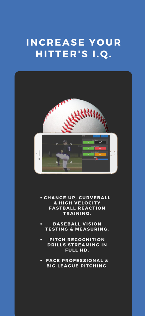 AppliedVisionBaseball app showing pitch recognition drills and hitter IQ training on a smartphone