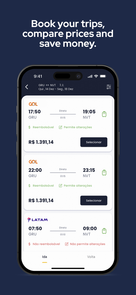 Tela do aplicativo Paytrack mostrando comparação e reserva de voos para viagens de negócios