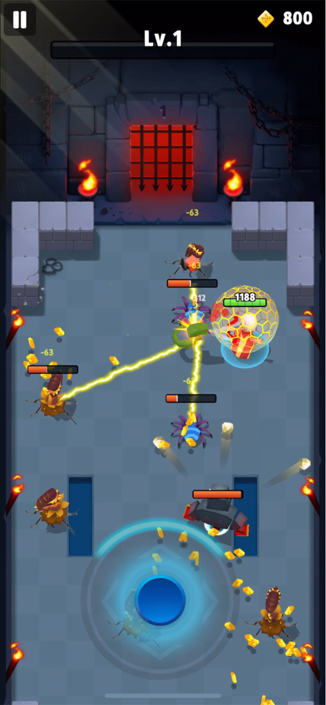 Hero character in Archero fighting spider monsters with lightning skills in a dungeon level