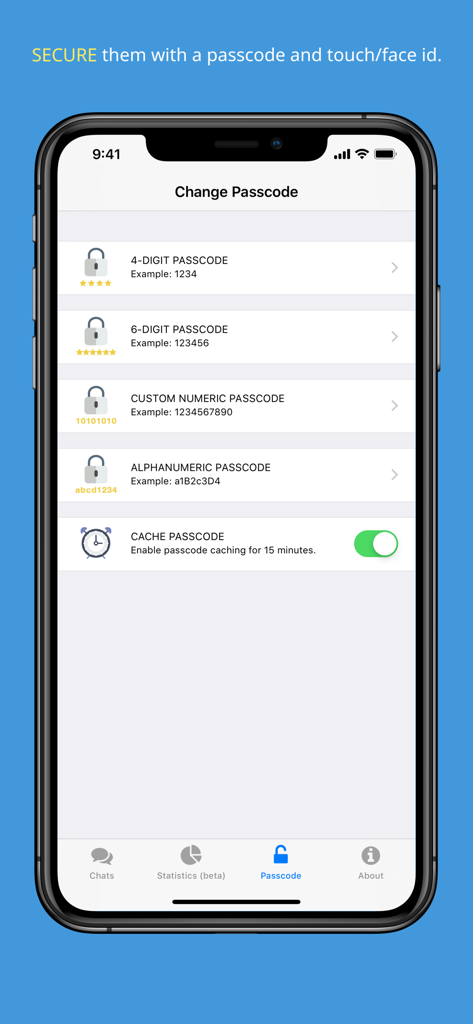 Chat Keeper - Chat Keeper app interface displaying multiple passcode security options including numeric and alphanumeric settings for chat protection