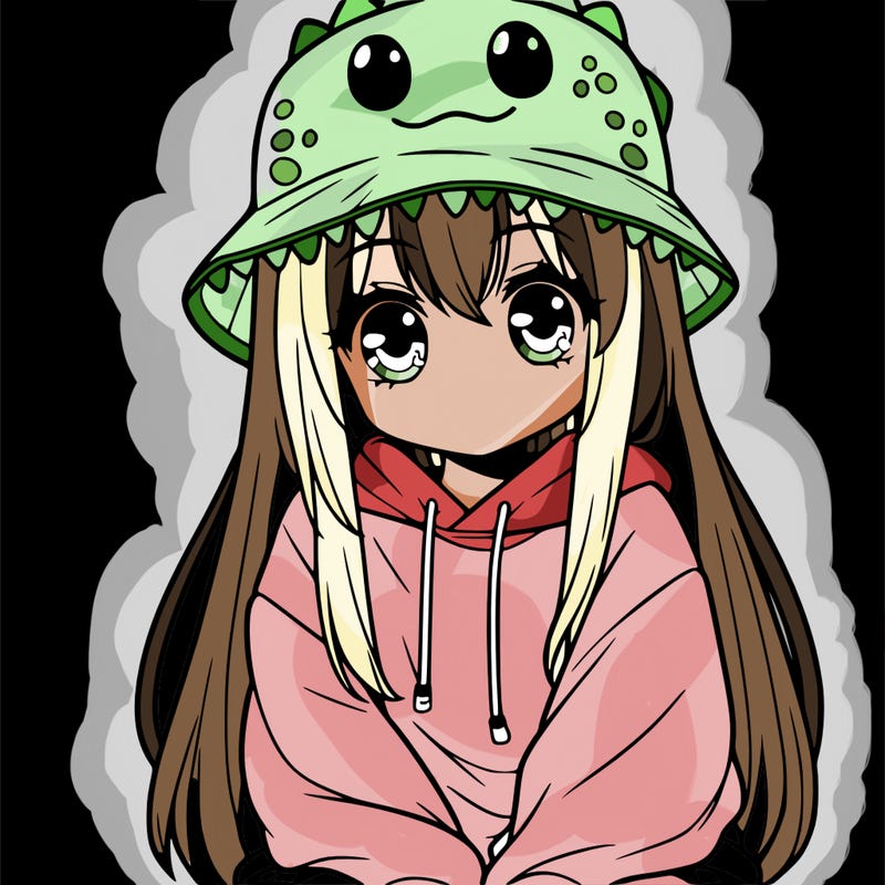 girl with anime shaped eyes with a dinosaur bucket hat oversized sweatshirt long straight hair