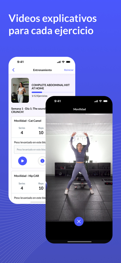 Saiyan Workout - Entrenamiento - A mobile app interface displaying an exercise video demonstration and a structured training plan with sets and reps