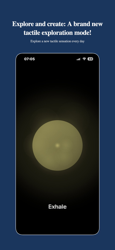 Haptic Calm app interface showing the daily tactile exploration mode with a glowing breathing circle and exhale text