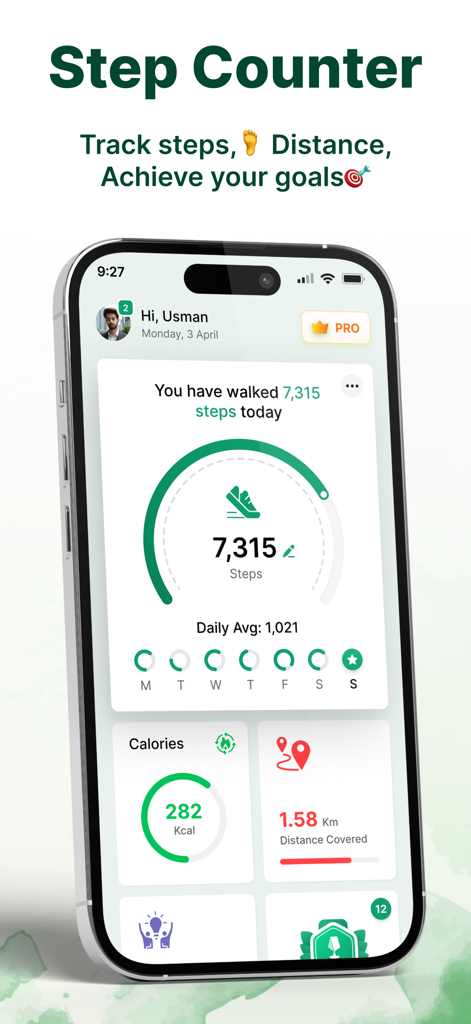 Step Counter and Pedometer App - Dashboard of a step counter and pedometer app showing daily steps, calories burned, and distance tracking.