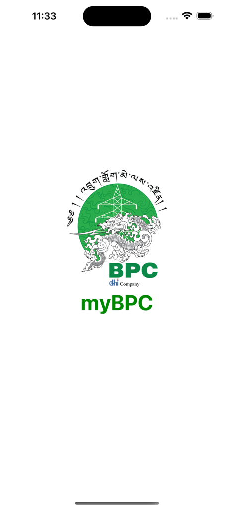 myBPC - myBPC utility app splash screen featuring the Bhutan Power Corporation logo
