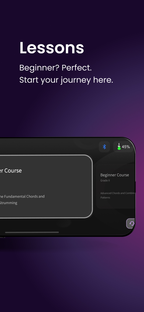AeroBand Guitar app interface showing a beginner course module for aspiring guitarists