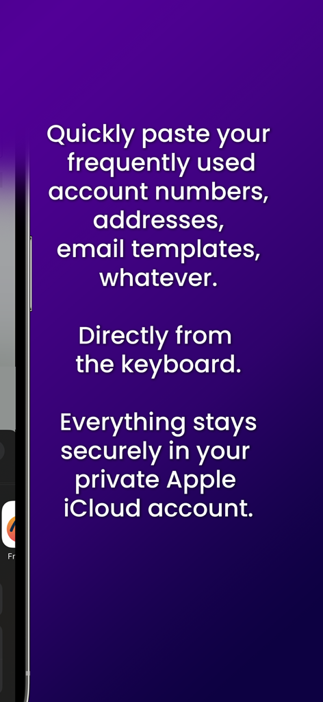Cloud Snippets - Mobile - Marketing text for Cloud Snippets highlighting keyboard pasting and secure iCloud storage.