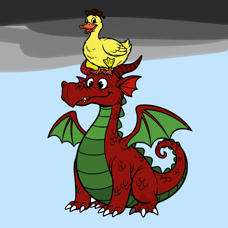 dragon with a duck on its head (not modern and make the style very goofy