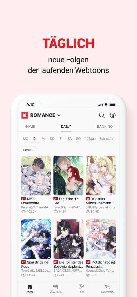 Interfaz de la app Lezhin DE mostrando actualizaciones diarias de webtoons en la categoría de romance