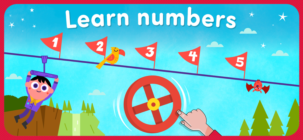 123 Toddler games for 2 3 year - Toddler character on a zipline next to flags numbered 1 to 5 for learning numbers