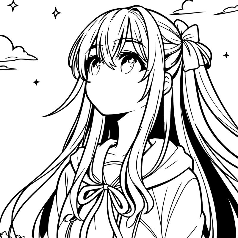 anime girl  looking at the sky with long hair