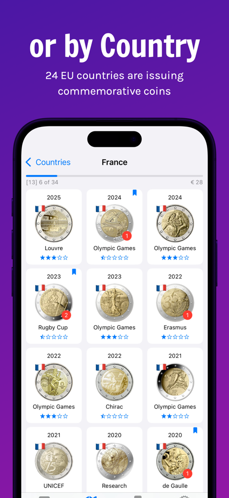 2 Euro - Catalog of French 2 Euro commemorative coins displayed in the mobile app interface