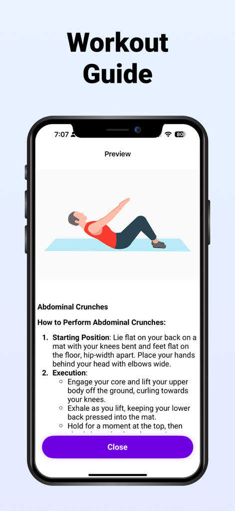 Six Pack in 30 Days - Core Abs - Mobile app screen showing a workout guide for abdominal crunches with an illustration and instructions