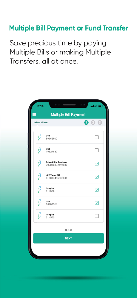 Baiduri b.Digital Personal - Baiduri b.Digital Personal mobile app screen showing the multiple bill payment and fund transfer interface on a smartphone.