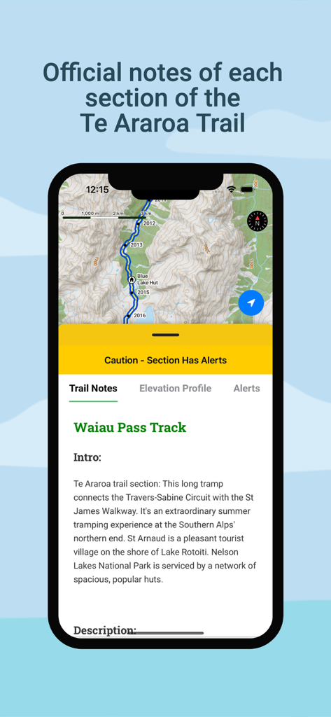 Interfaz de la aplicación Te Araroa mostrando un mapa topográfico y notas del sendero para Waiau Pass Track