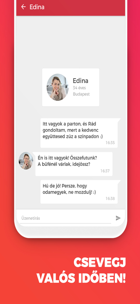Cronos - Társkeresés könnyedén - Real time chat interface of the Cronos Hungarian dating app showing a message exchange between users