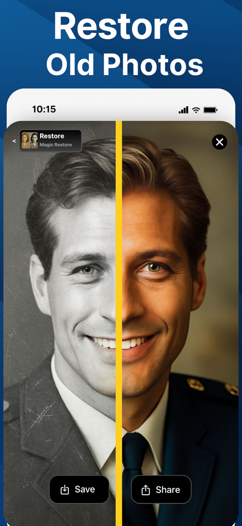 Una pantalla dividida que muestra una foto antigua en blanco y negro siendo restaurada en una imagen nítida y en color por la aplicación Generador de Fotos IA.