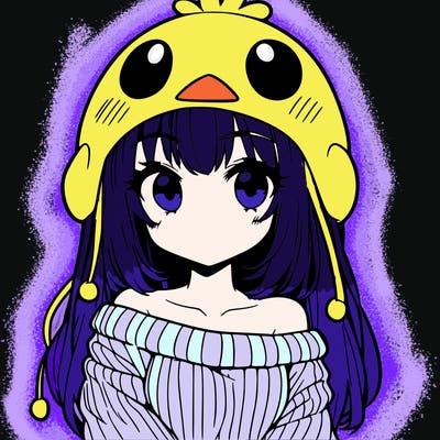 anime girl with chick shaped hat with sweater with bare shoulders with bangs covering them one eye with low tail