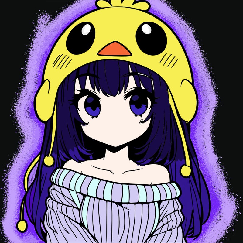 anime girl with chick shaped hat with sweater with bare shoulders with bangs covering them one eye with low tail