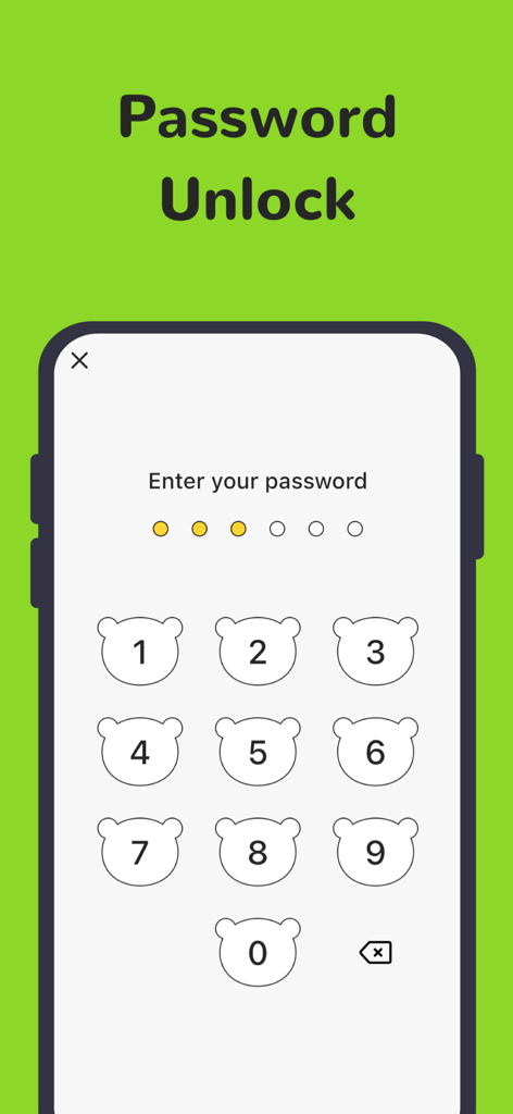 Sicherer Passwort-Entsperrbildschirm mit einem bärenförmigen Ziffernblock für finanzielle Privatsphäre