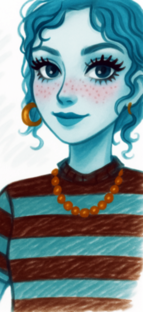 Symmetry Painter - Un retrato digital de una niña con cabello azul y pecas hecho en la aplicación Symmetry Painter