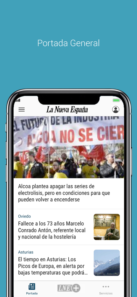 La Nueva España - Front page of the La Nueva España mobile app showing regional news from Asturias