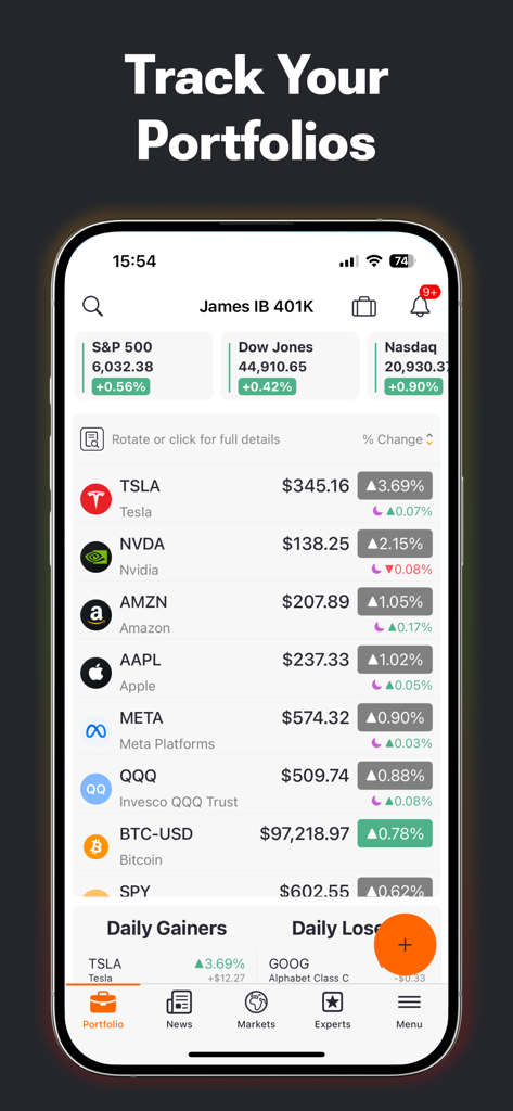 TipRanks Stock Market Analysis - TipRanks mobile app screen displaying stock market indices and a user portfolio tracker with daily gains