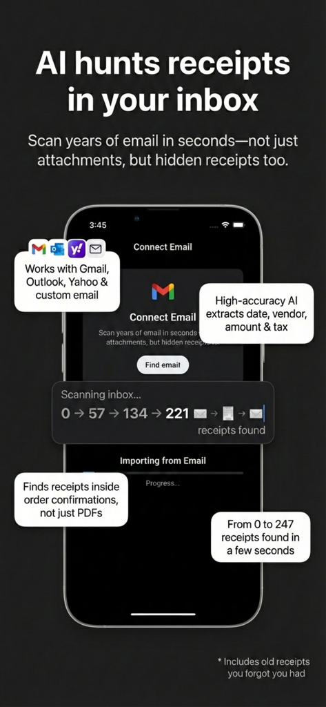 ReceiptFlow: AI Receipt Scan - ReceiptFlow app interface showing AI scanning an email inbox to automatically find and extract hidden receipts and invoices