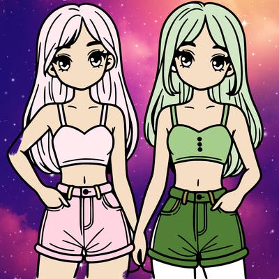 two sisters with crop tops and jean shorts and straight hair