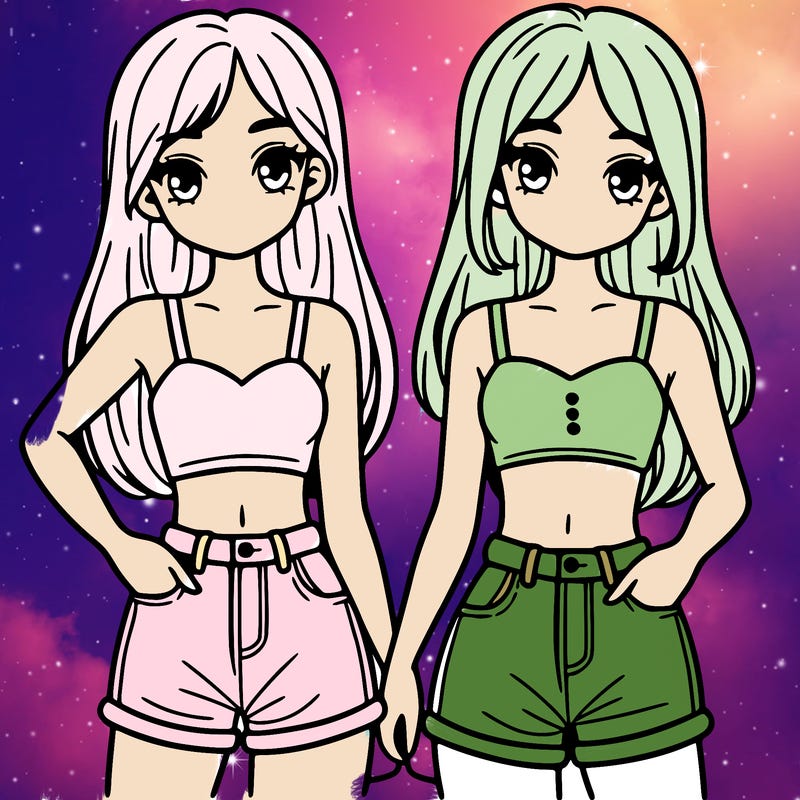 two sisters with crop tops and jean shorts and straight hair