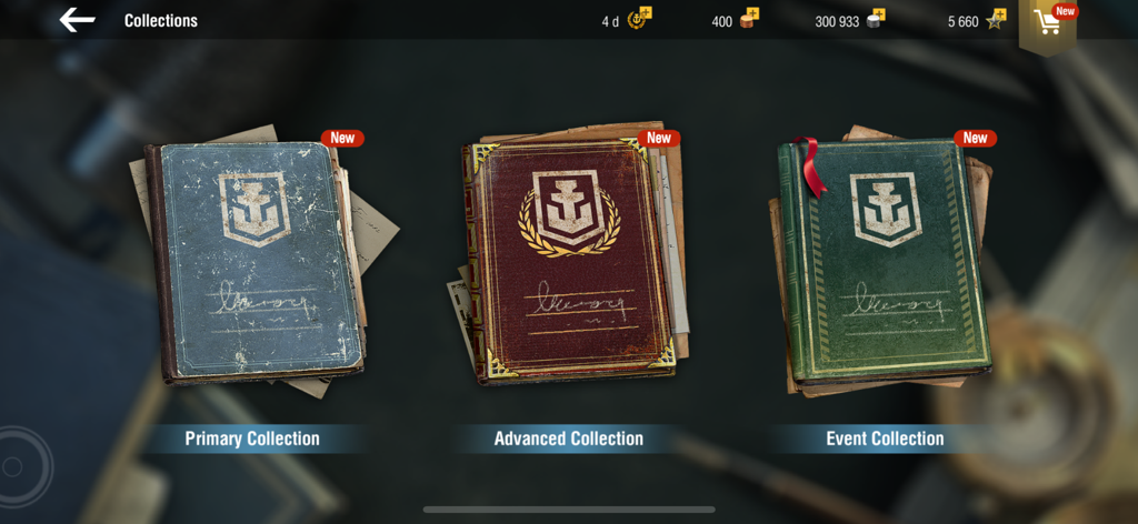 World of Warships Blitz Collections menu featuring primary advanced and event logbooks