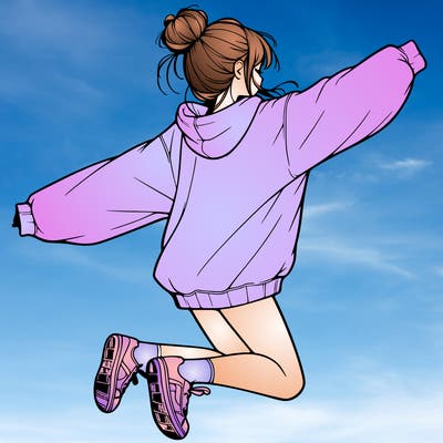 realistic girl jumping with a bun and oversized sweatshirt