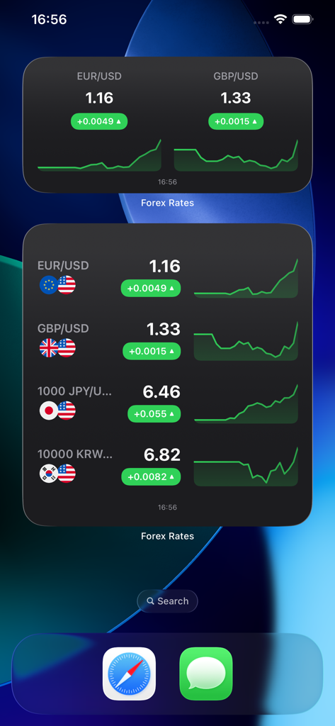 Forex converter all currency - iOS home screen showing two real-time currency exchange rate widgets with charts and market trends
