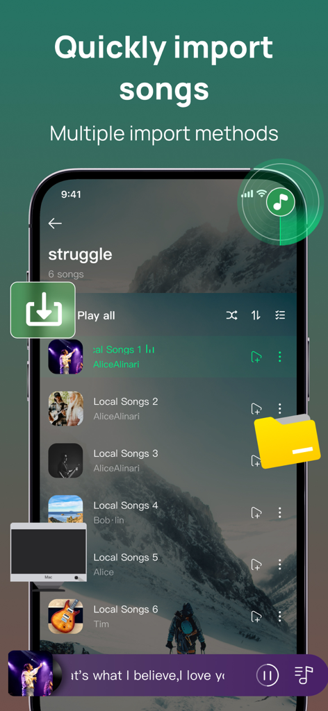 Smartphone screen displaying the import songs feature in the Offline Music Player app