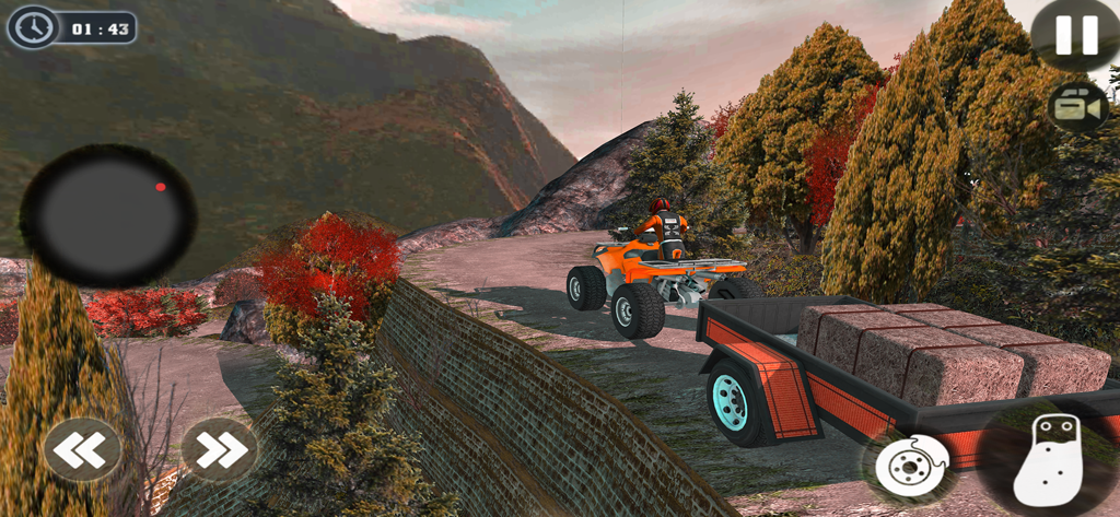 Offroad Rider Dirt Bike Games - An orange ATV towing a trailer with cargo on a narrow mountain road in a 3D offroad game