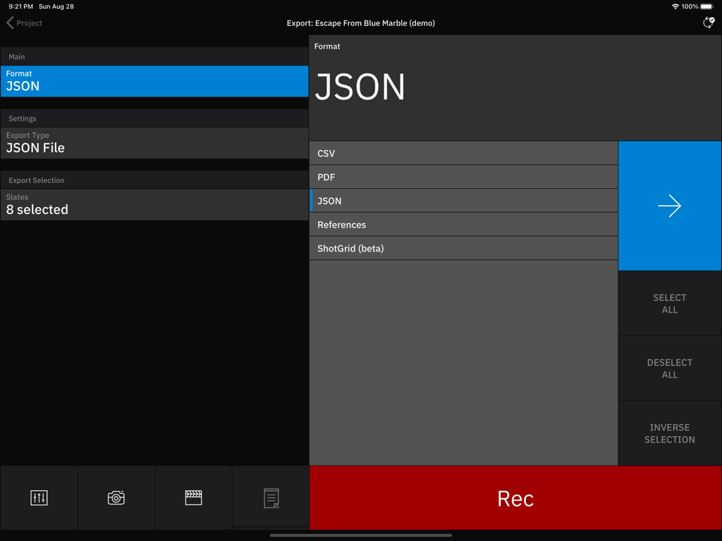 Setellite - Interface of Setellite app on iPad showing various data export formats like JSON, CSV, PDF, and ShotGrid.
