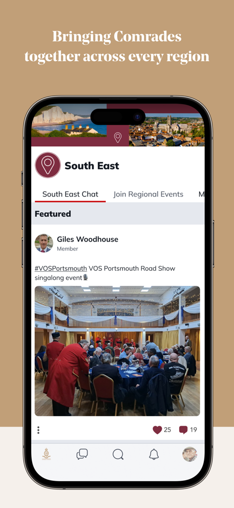 Old Comrades - Interface of the Old Comrades app featuring regional groups and veteran event posts