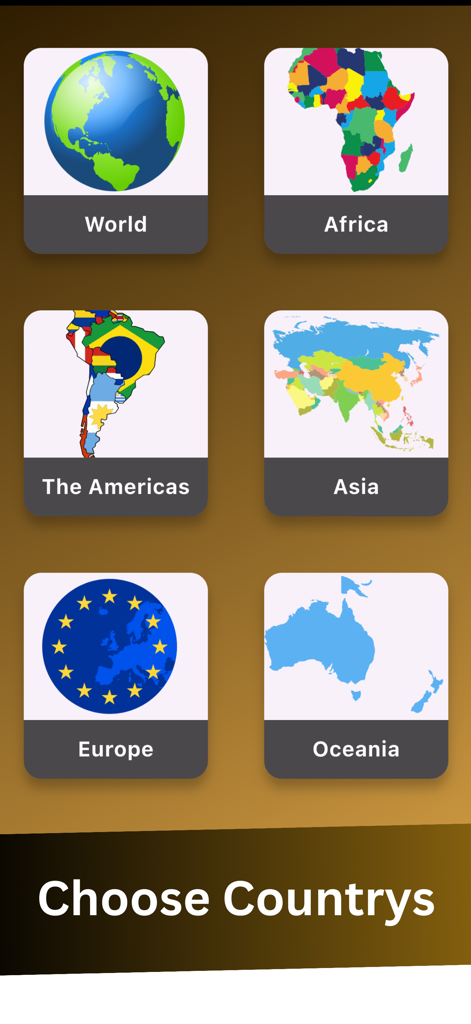 Flags of All World Country - Main menu of the Flags of All World Country app showing continent selection buttons for the quiz.