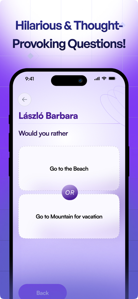 Un smartphone que muestra una pregunta de ¿Qué prefieres? en la app de juegos de fiesta Flizz con opciones para vacaciones en la playa o en la montaña