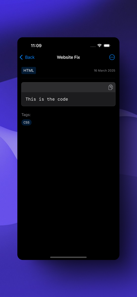Snipits Manager - Snipits Manager App zeigt eine detaillierte Snippet-Ansicht für eine Website-Korrektur mit HTML- und CSS-Tags im Dunkelmodus-Interface an