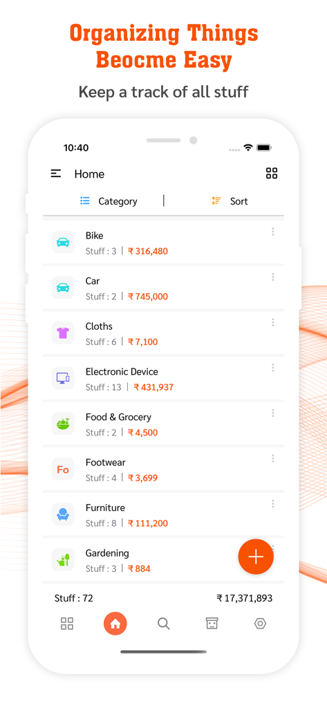 My Stuff Personal Organizer - My Stuff Personal Organizer app dashboard showing categorized household items and their total value