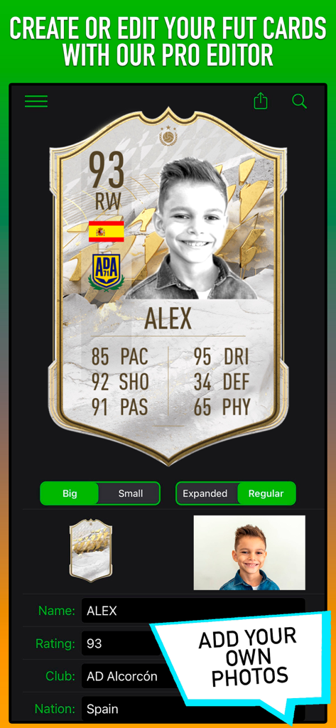 A mobile app interface for NOKA FUT FC 26 showing a custom 93-rated soccer card with a personal photo and player stats