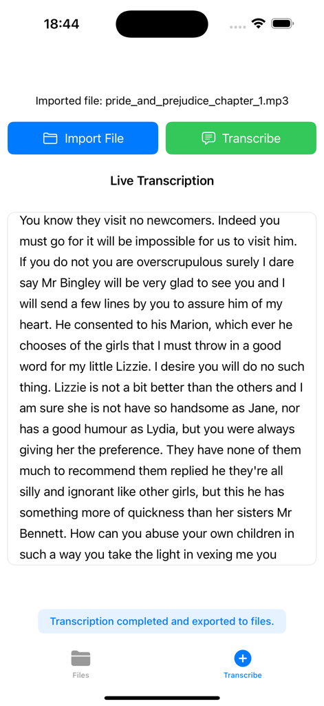 AudioScript - AudioScriptアプリインターフェース、インポートされたオーディオファイルのライブ文字起こしがテキストとして表示されています