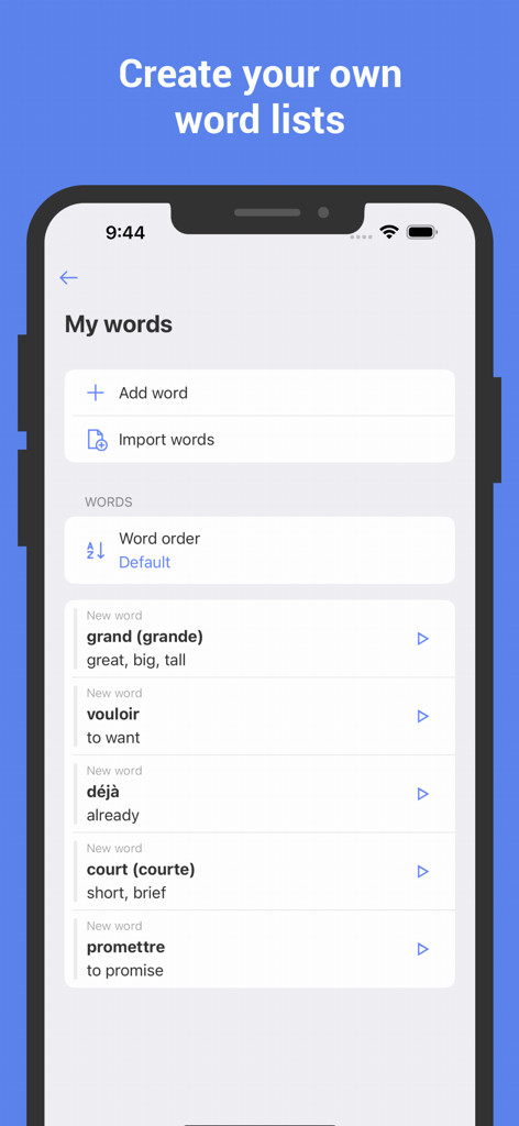 Mobile app screen showing a custom list of French words with options to add or import new vocabulary.