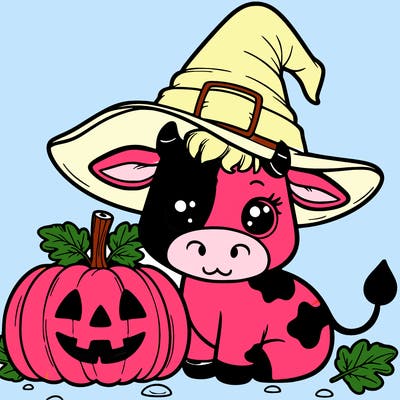 cow with witch hat and pumpkin