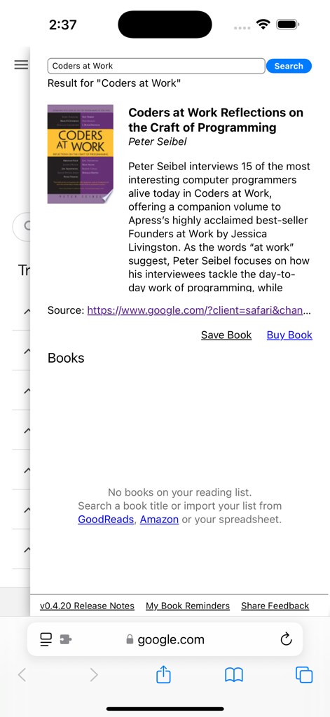BookFinder: Smart Reading List - Search result for the book Coders at Work within the BookFinder Safari extension on an iPhone.