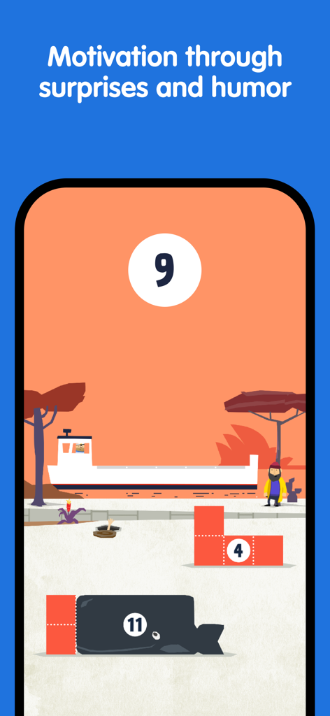 Fiete Math Numbers for Kids 5+ - Educational math game screen for kids showing a harbor scene with a whale-shaped number block and cargo ships