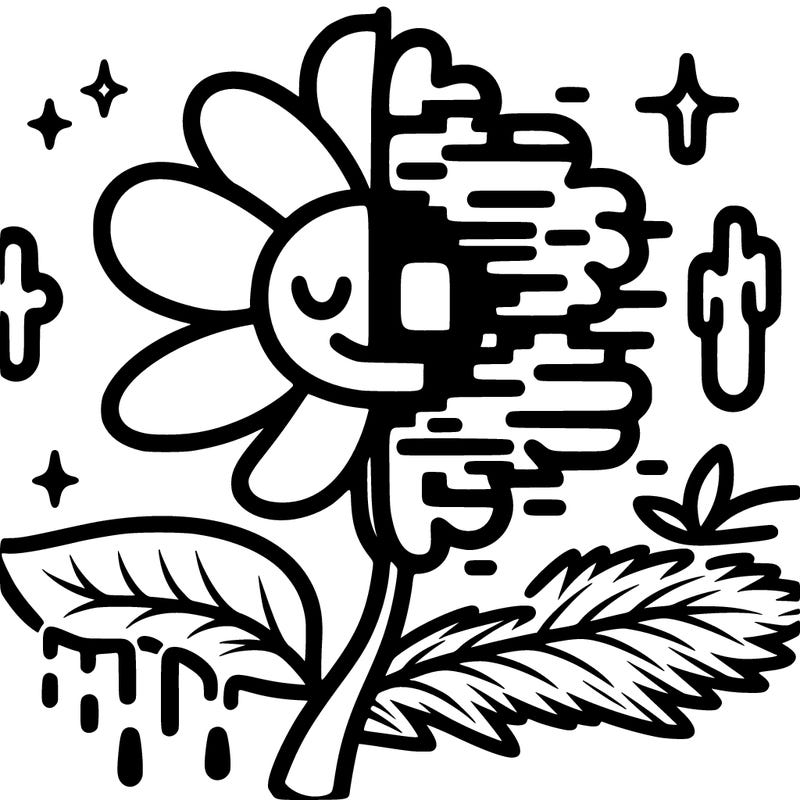 flower split with one drippy one glitchy one cartoon and one realistic