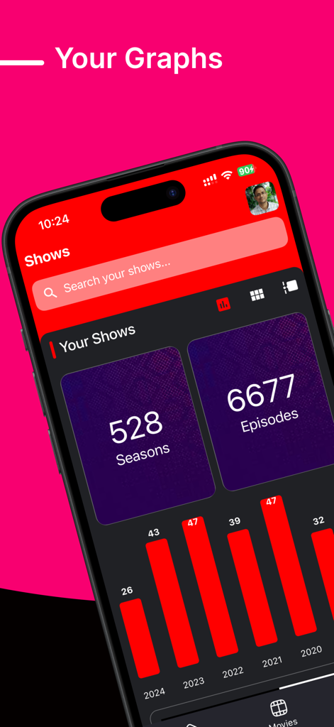 Binge Me - Binge Me app dashboard displaying total seasons and episodes watched with a yearly viewership bar chart.